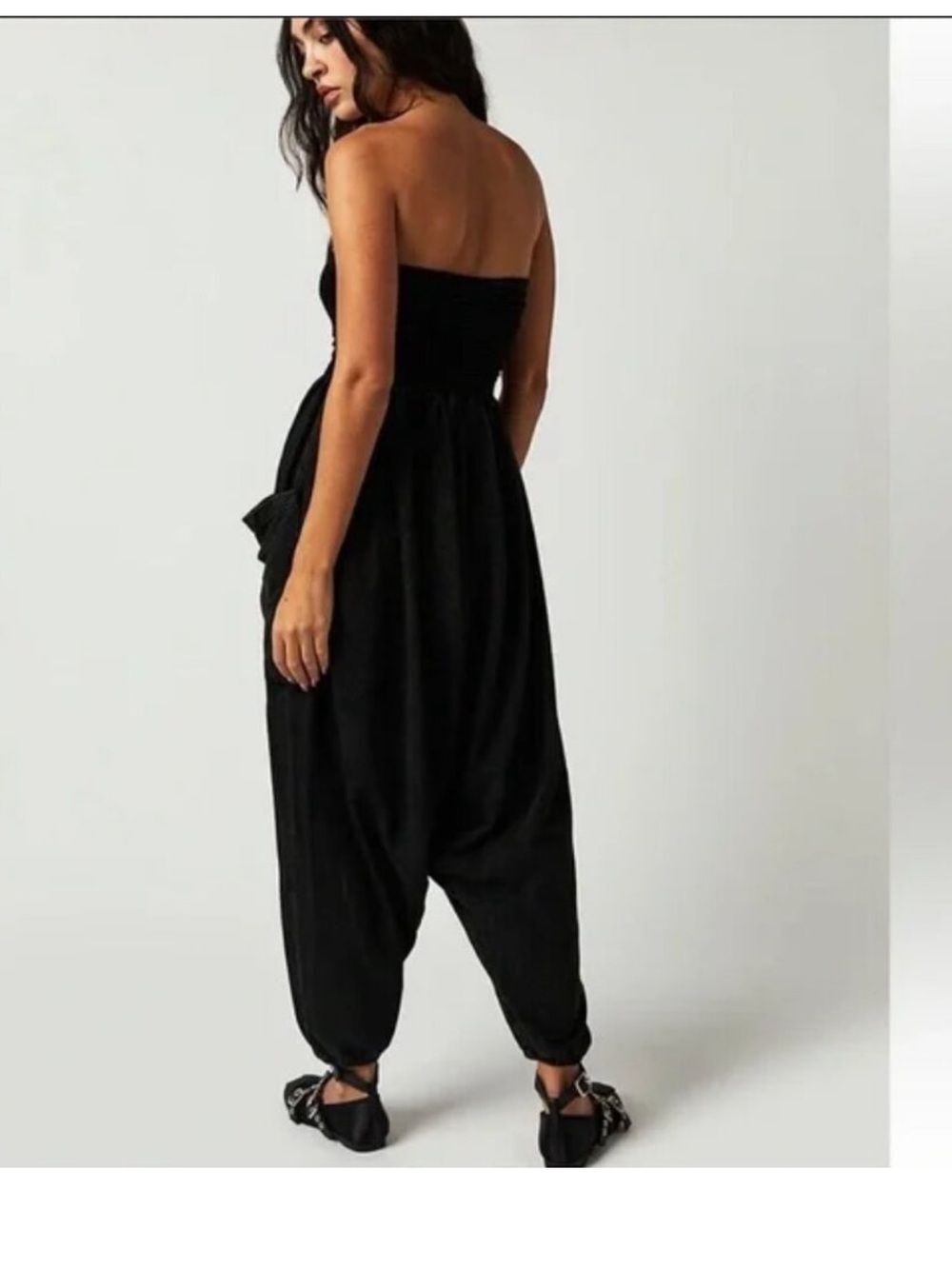 Black Strapless Ruched Bodice Jumpsuit with Side Pockets